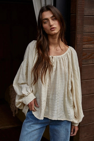 Woven Rayon Tencel Scoop Neck Long Sleeve Blouse Top