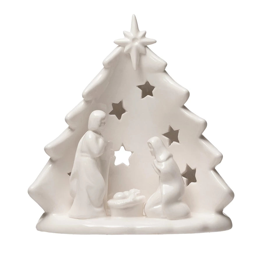 Stoneware Holy Family with Tree &amp; Cut-Outs