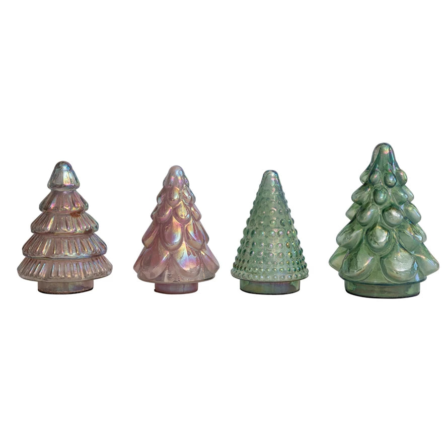 Embossed Iridescent Green &amp; Pink Mercury Glass Trees