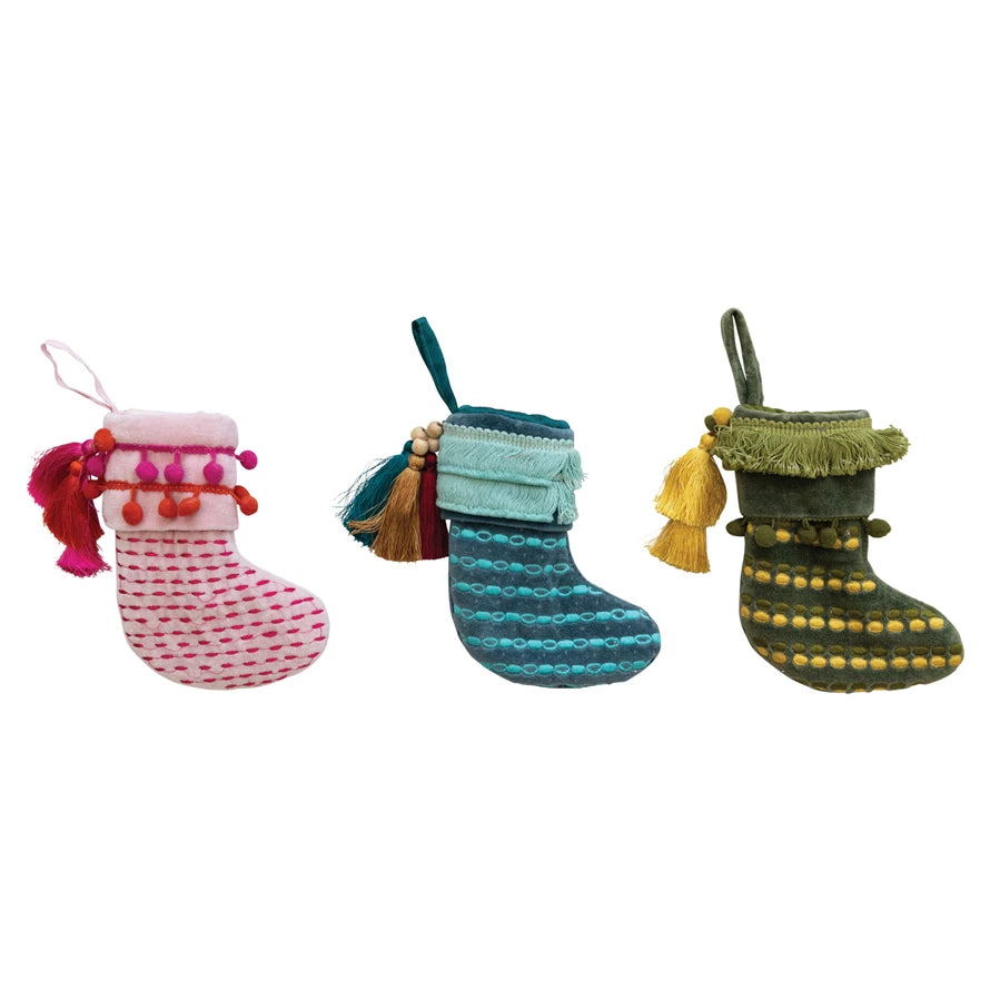 Velvet Stocking Ornament w/tassels &amp; pom poms