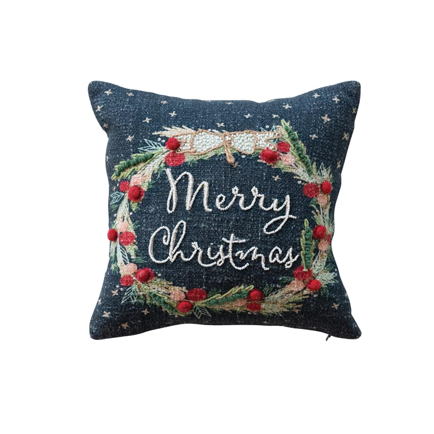 12&quot; Square Cotton Printed Pillow w/ Wreath &amp; Embroidery