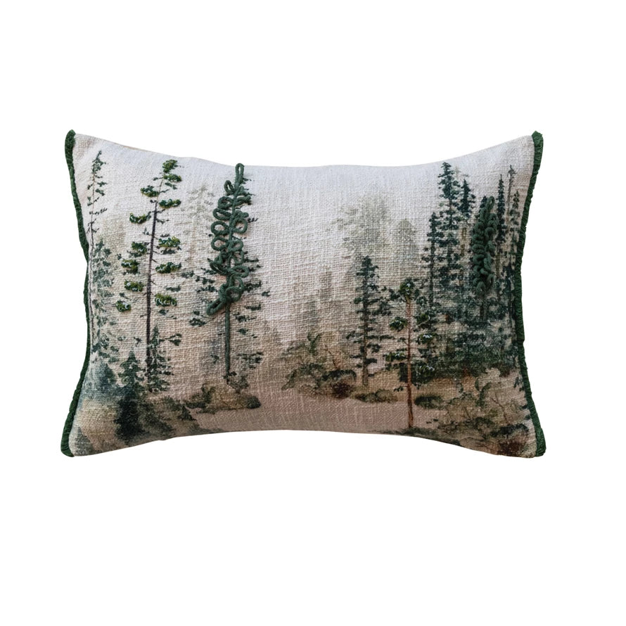 20&quot;L x 14&quot;H Cotton Printed Lumbar Pillow w/ Trees &amp; Embroidery