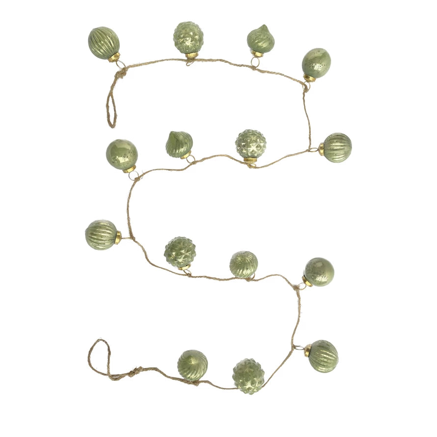 Embossed Recycled Mercury Glass Ball Ornament Garland w/ Jute Cord