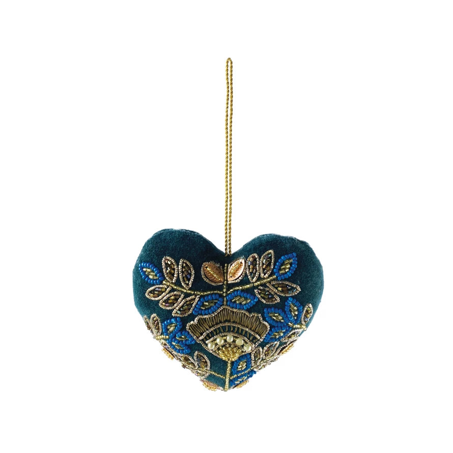 Velvet Heart Ornament w/embroidery &amp; beads