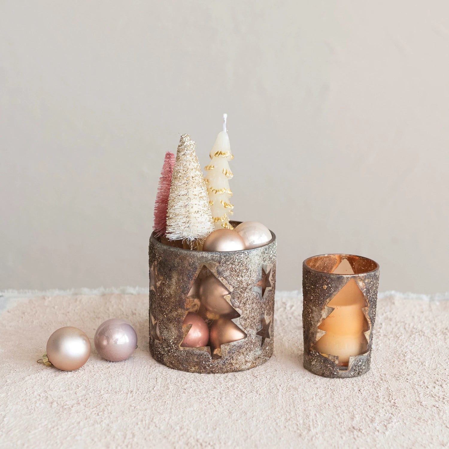 Mercury Glass Votive Holder with Etched Trees & Stars