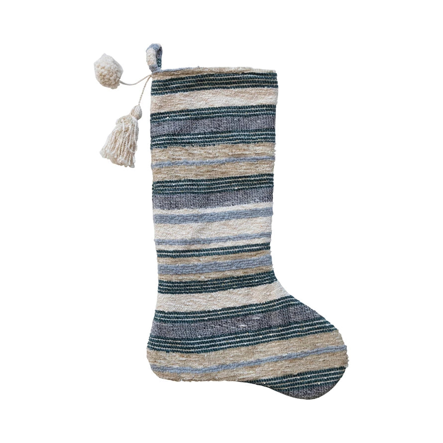 Blue Multi Colored Tufted Stripe Fabric Stocking