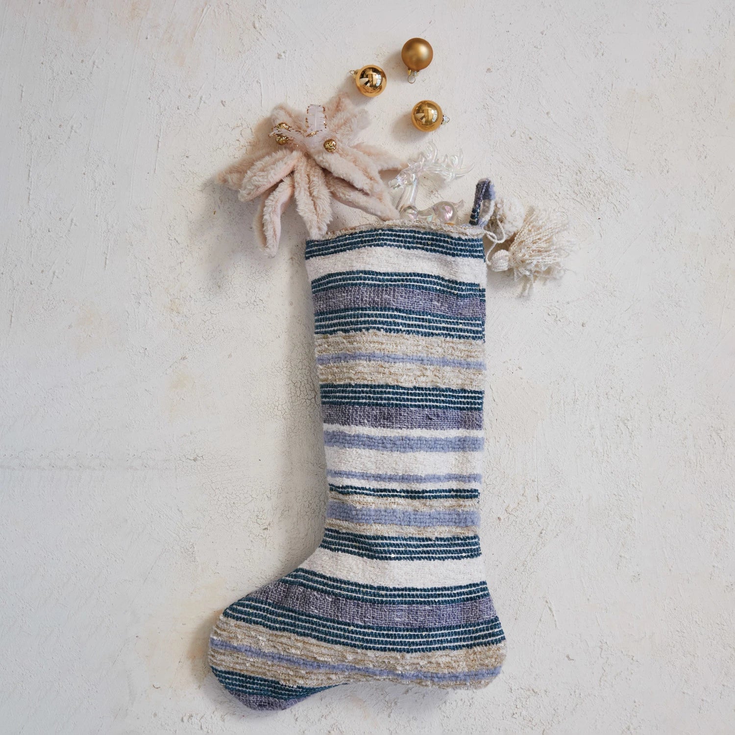 Blue Multi Colored Tufted Stripe Fabric Stocking