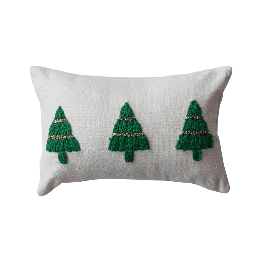Cotton Slub Lumbar Pillow with Christmas Trees