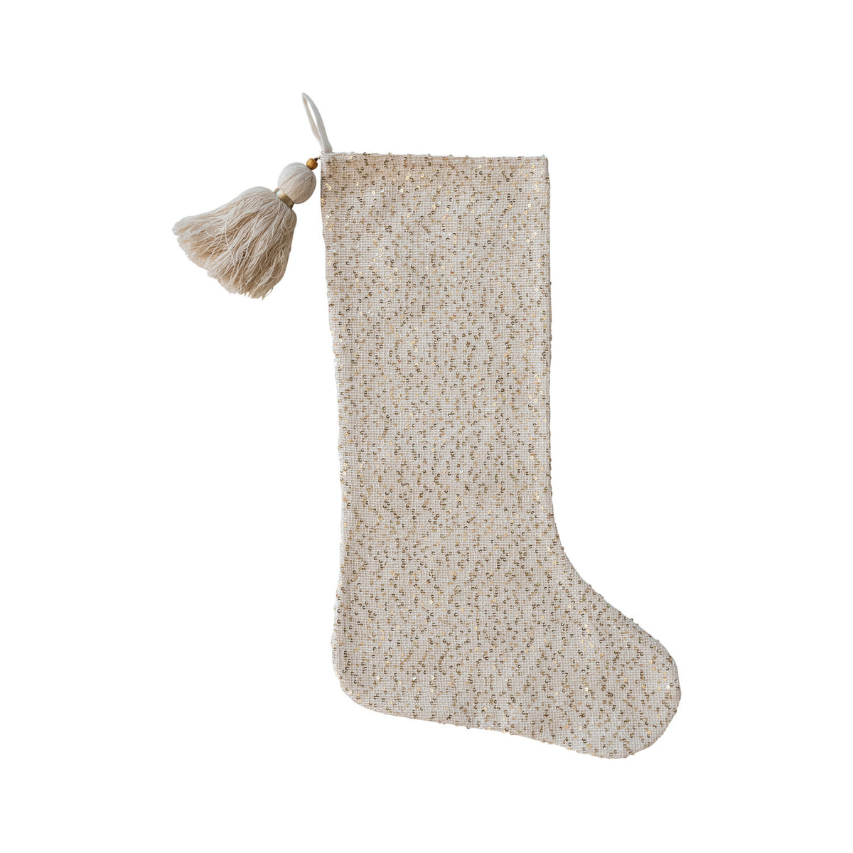 Woven Stocking w/Sequins,Tassel &amp; Wood Beads