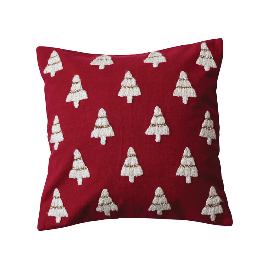 20&quot; Square Red &amp; White Embroidered Christmas Tree Pillow