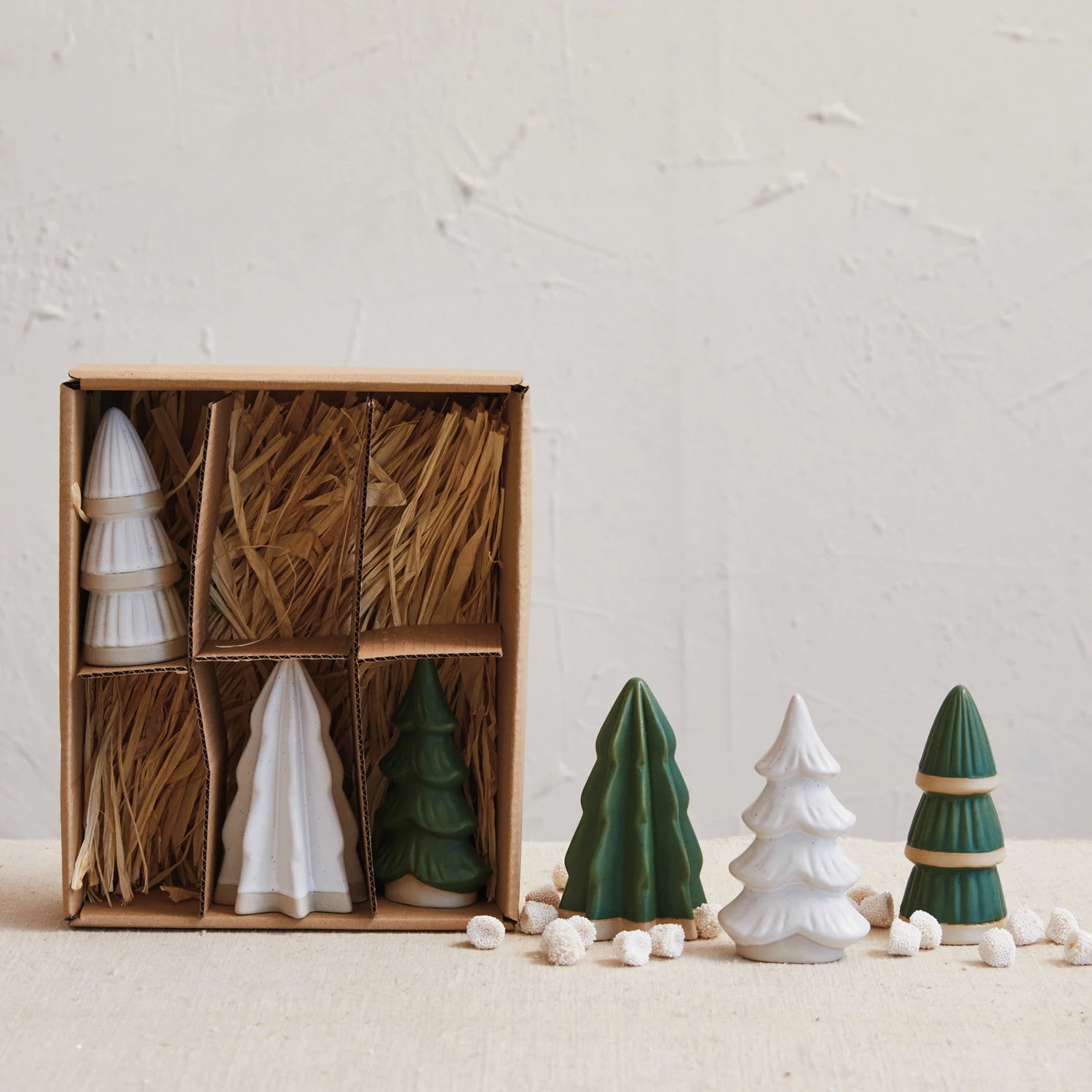 Green & White Stoneware Tree Set