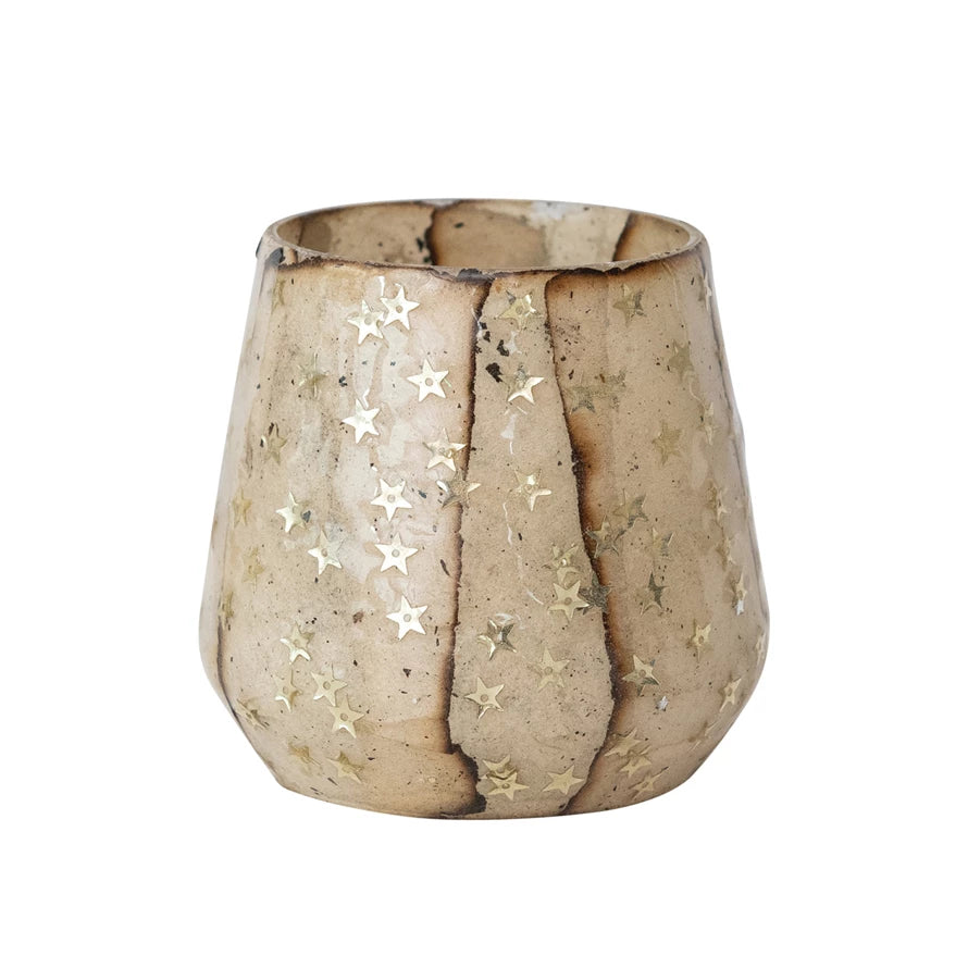 Glass &amp; Torn Paper Tealight w/ Star Sequins