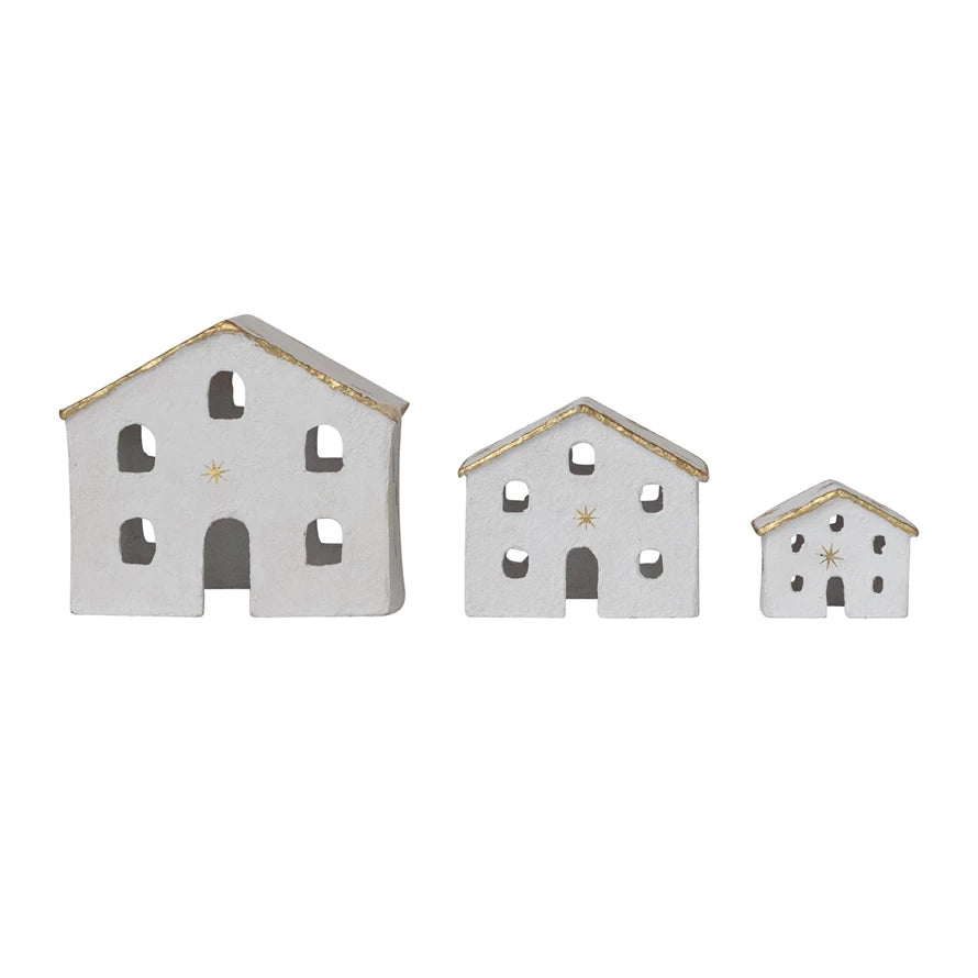 Paper Mache Houses with Gold Foil Stars &amp; Trim (Small)
