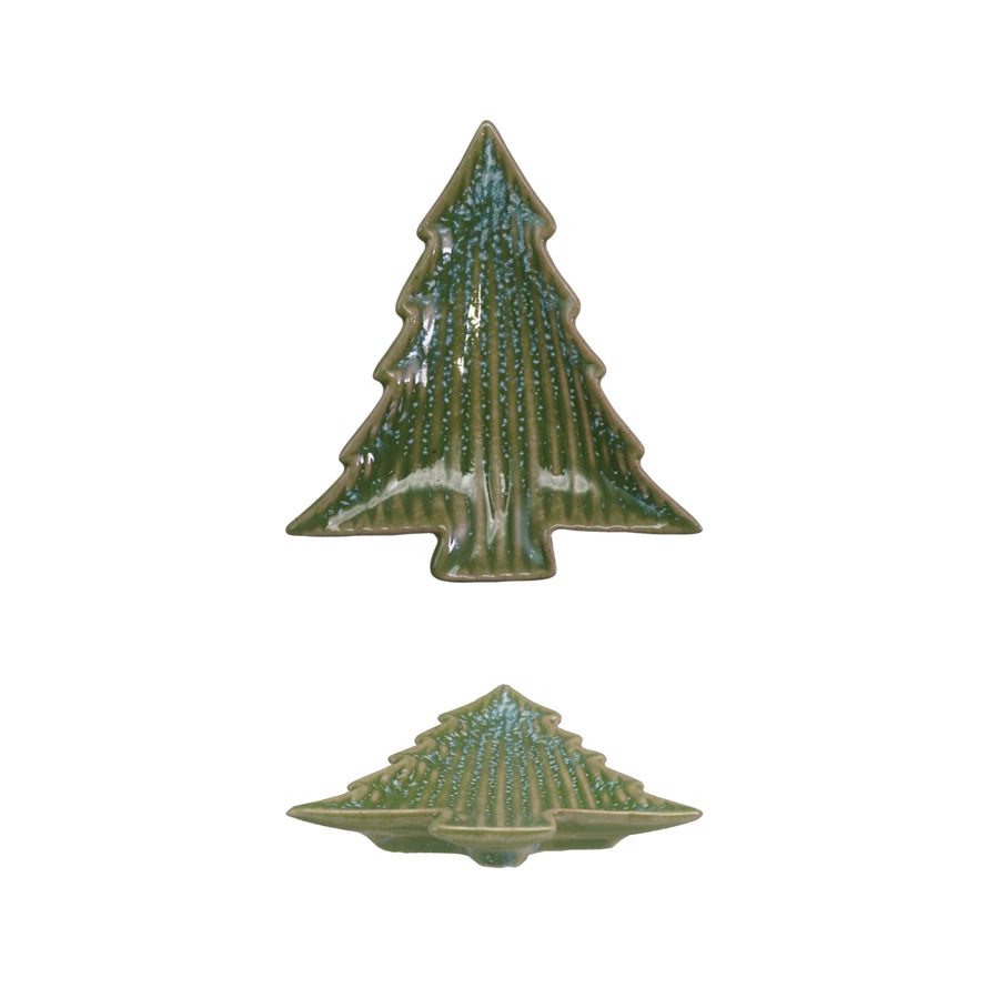 Stoneware Ribbed Tree Shaped Plate w/ Blue &amp; Green
