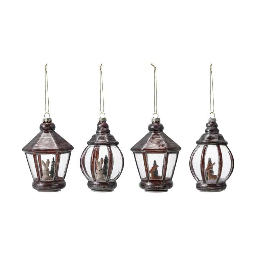 Glass Lantern Ornament with Bunny/Deer, Faux Snow, &amp; Glitter