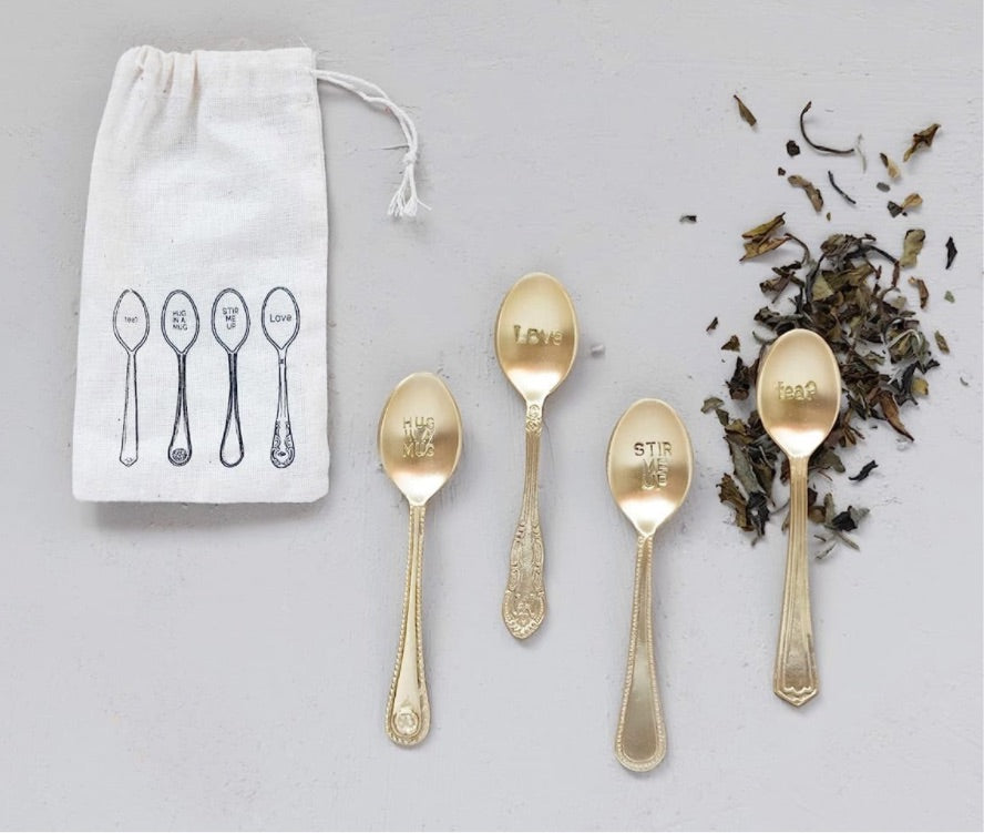 Set of 4 Mini Engraved Brass Spoons